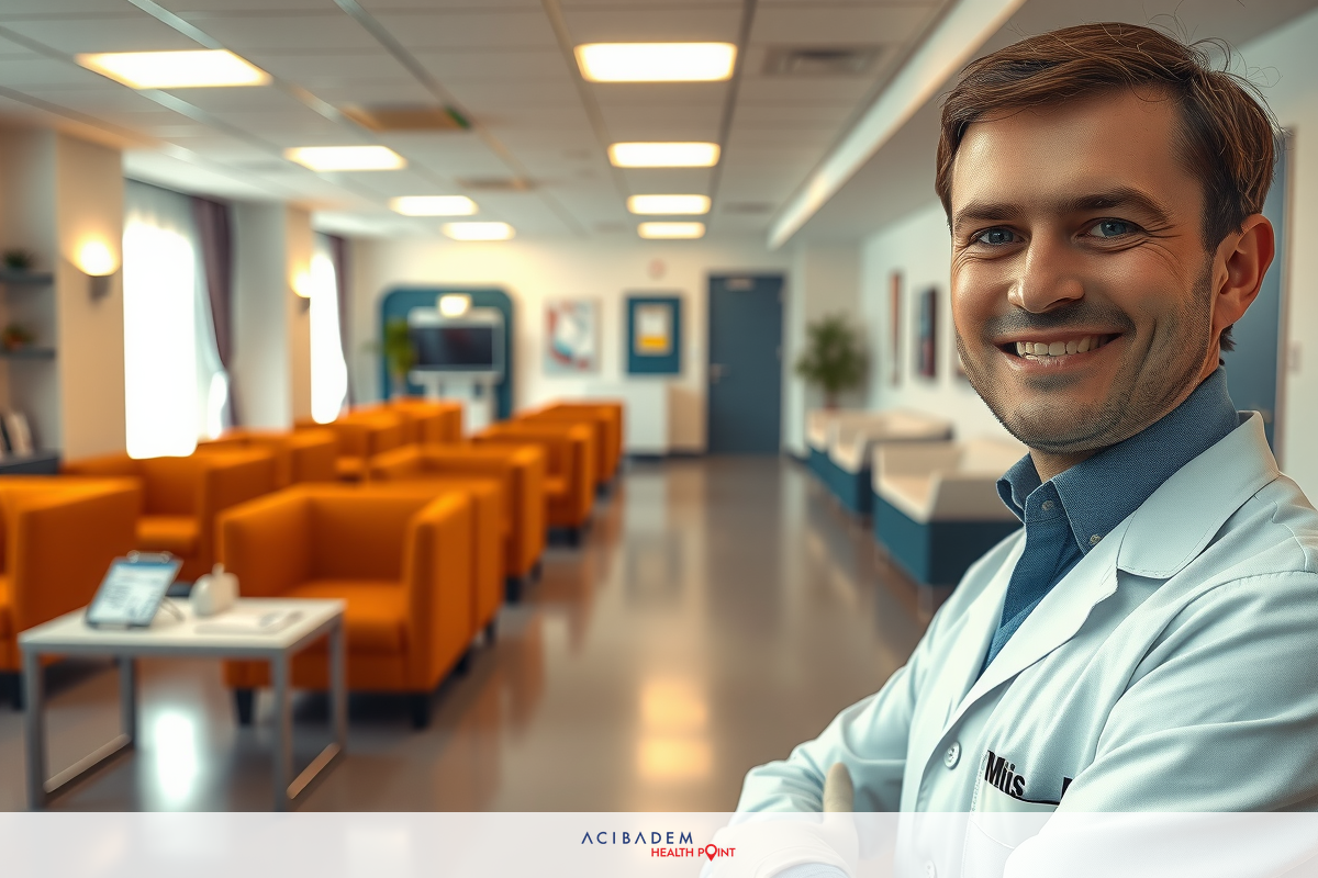 A smiling man wearing a lab coat, standing in an office environment with medical posters and waiting room furniture.