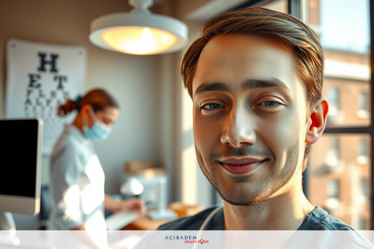 Can You Get LASIK Eye Surgery if You Have HIV? The image depicts a professional setting, likely an eye clinic or optician's office. In the foreground, there is a person wearing surgical scrubs with a stethoscope around their neck, possibly indicating that they are a medical professional such as an ophthalmologist or optometrist.