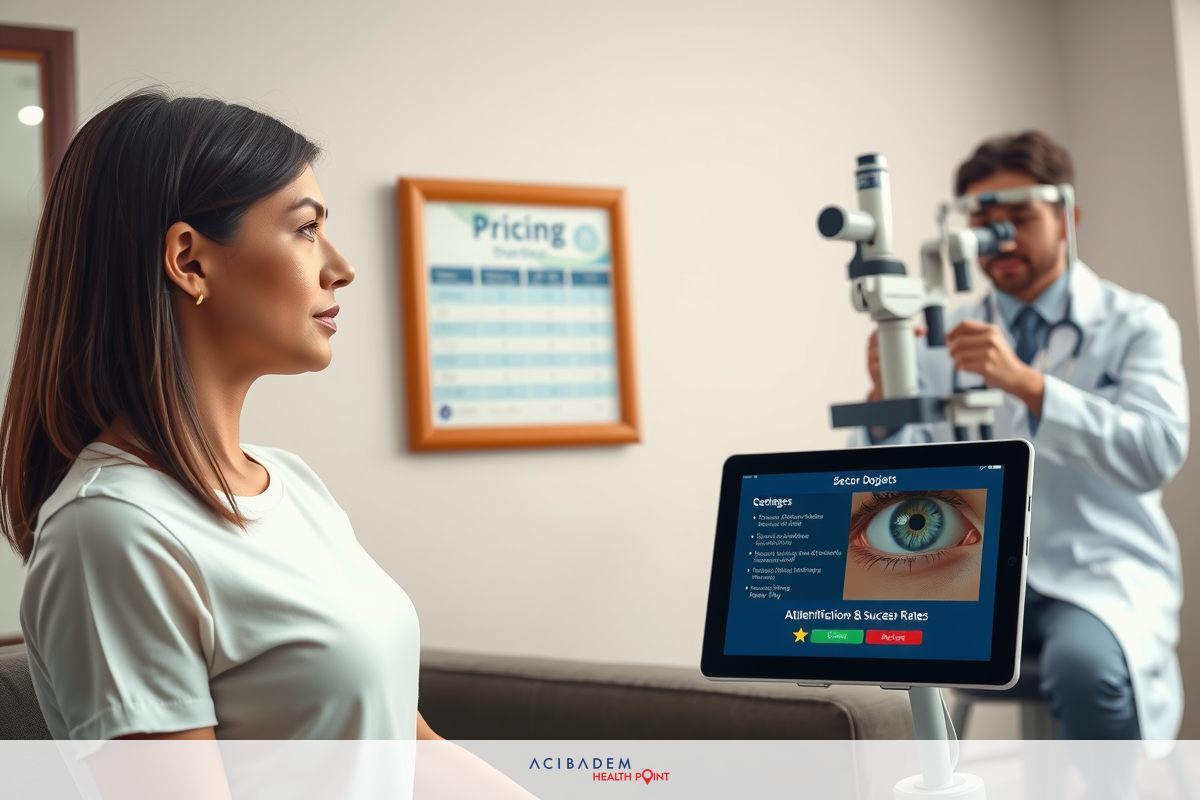 A woman in a white shirt is seated, receiving an eye examination. A medical professional, wearing a white coat, stands next to her using a digital screen for testing. The room has an office-like atmosphere with a desk and chairs visible.