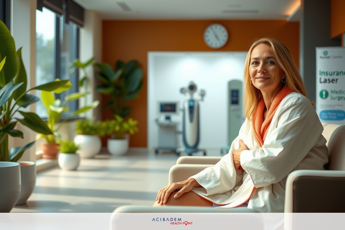 The image features a woman in a medical office, seated comfortably. She is wearing a white robe and appears to be undergoing or waiting for treatment. The environment suggests a modern, clean healthcare setting with potted plants adding a touch of greenery.