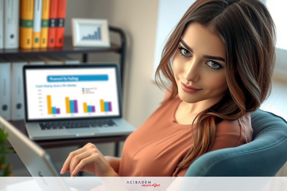 A woman sitting at a desk in front of a laptop, looking directly at the camera. The laptop screen displays data with graphs and charts, suggesting financial analysis or business review.