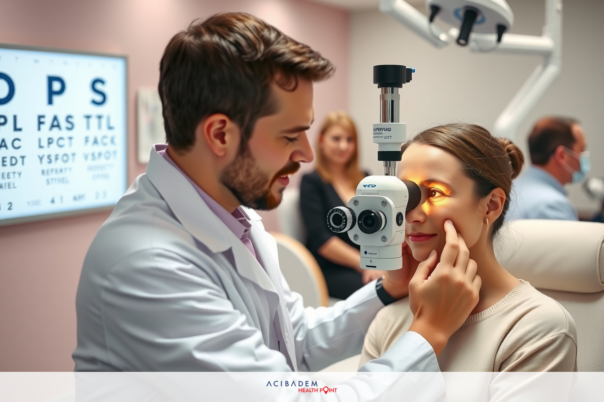 A man in a white lab coat performing an eye exam on a woman. He is holding the instrument up to her face, focused on his task. The environment is a clinical setting with a waiting area visible in the background.