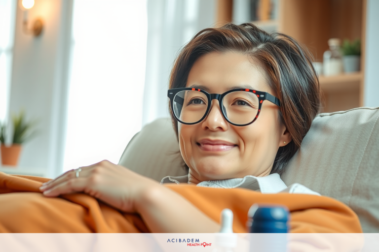 Can We Do Exercise After Laser Eye Surgery? A woman relaxing in a comfortable setting, smiling at the camera. She is wearing glasses and a cozy sweater, sitting on a couch with a blanket over her legs. Her environment looks peaceful and inviting.