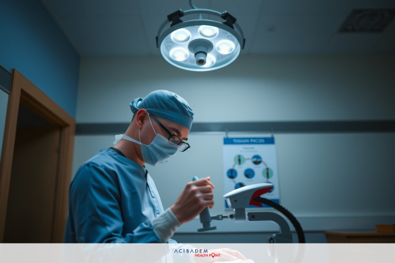 An image of a medical professional, likely a surgeon, in an operating room. The person is wearing surgical scrubs and a surgical cap. A focus on attention to detail as they are checking their instruments before a procedure.