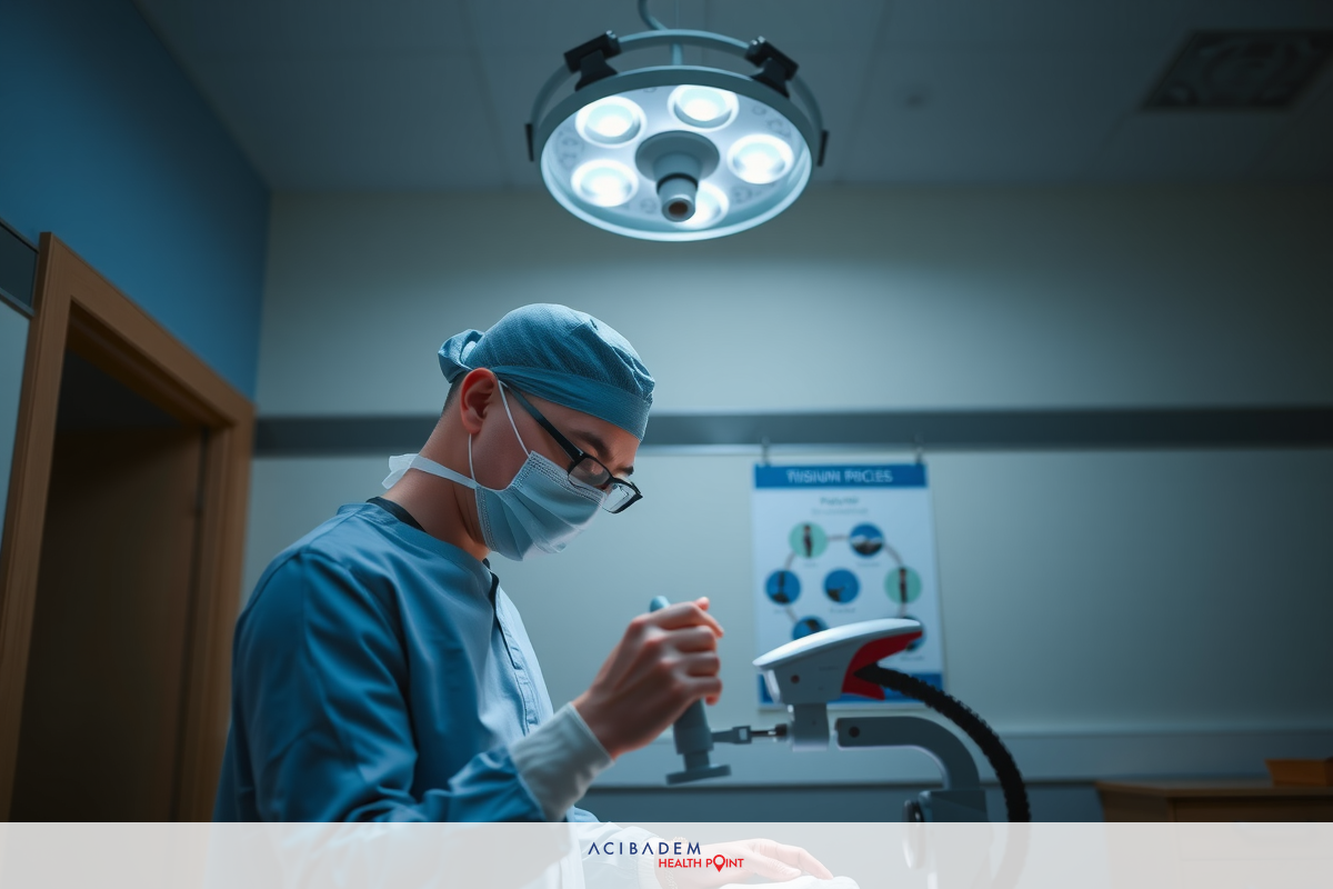 An image of a medical professional, likely a surgeon, in an operating room. The person is wearing surgical scrubs and a surgical cap. A focus on attention to detail as they are checking their instruments before a procedure.