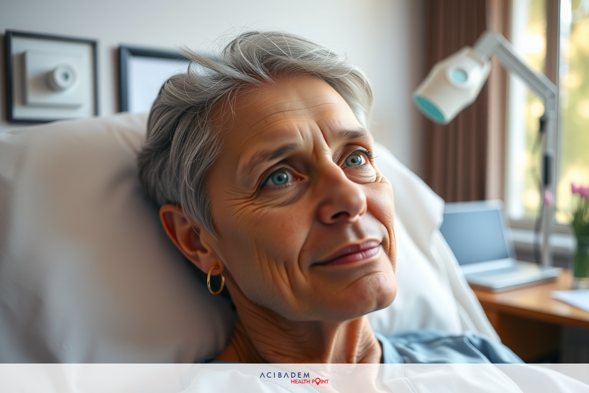 The image shows an older adult woman lying in a hospital bed. She appears to be relaxed with her eyes opened, suggesting she might be resting or recovering from a medical procedure or illness. The room is well-lit and clean, typical of a clinical setting. There are no other people visible in the image, which focuses on the woman's peaceful moment.