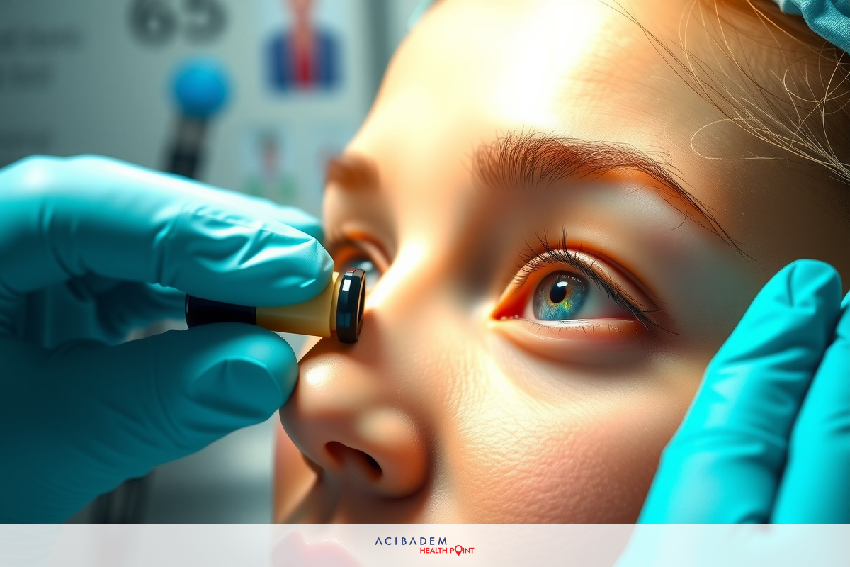 A woman receiving a thorough eye examination at an optometrist's office. The optometrist is wearing gloves and using specialized equipment to examine her eyes. There are medical charts in the background, indicating a professional setting.