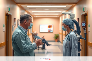 The image shows a medical setting with two individuals, likely healthcare professionals, wearing surgical masks and gloves. One person is standing closer to the foreground and appears to be speaking or explaining something.