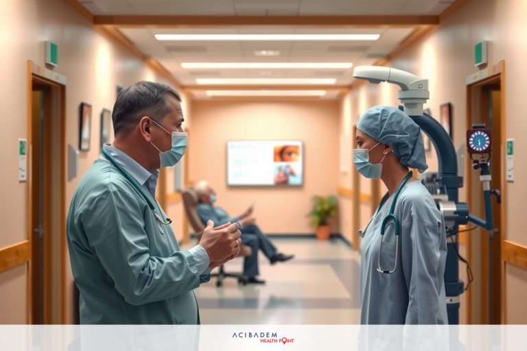 The image shows a medical setting with two individuals, likely healthcare professionals, wearing surgical masks and gloves. One person is standing closer to the foreground and appears to be speaking or explaining something.