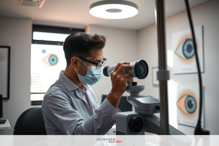 A medical professional wearing a white coat and mask is focused on an eye examination machine. The person is using a scanning device to analyze the eyesight of a patient, likely in a clinic setting with bright lighting.