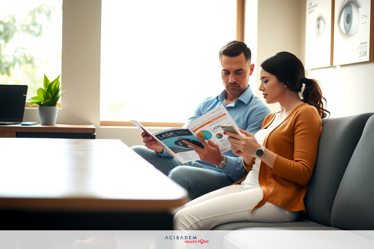 Two people sitting on a couch, reading documents. They are in an office setting, with one individual wearing a blue shirt and the other in white pants. The room is well-lit and has a comfortable ambiance, suggesting a relaxed business environment.