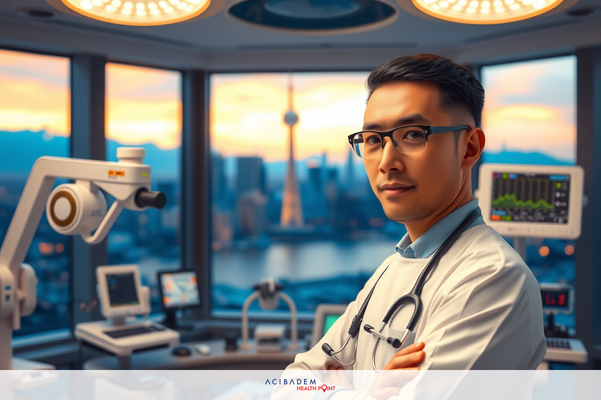 The image shows a man in a white lab coat standing in an advanced medical environment. He appears to be a doctor or medical professional, given his attire and the setting. The room is well-equipped with various medical instruments and screens that suggest high-tech diagnostic equipment. There are large windows behind him offering a cityscape view at sunset, which adds a serene atmosphere to the scene.