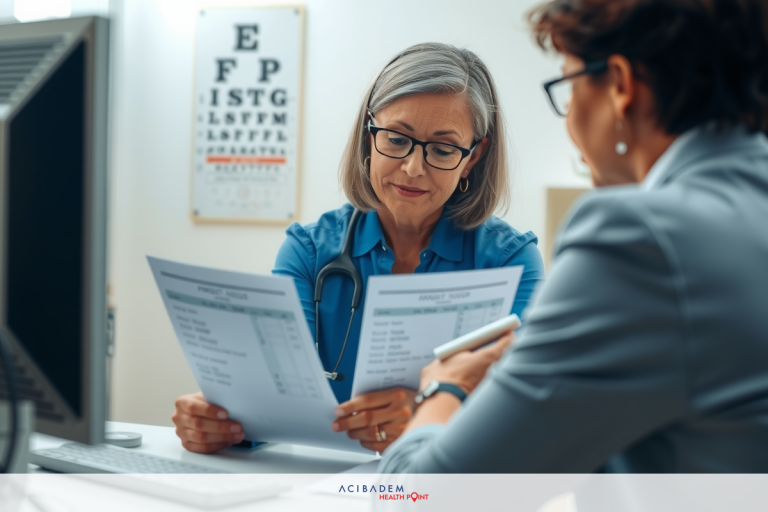A professional office setting. Two women dressed in business attire are engaged in conversation at a desk, reviewing documents and paperwork.