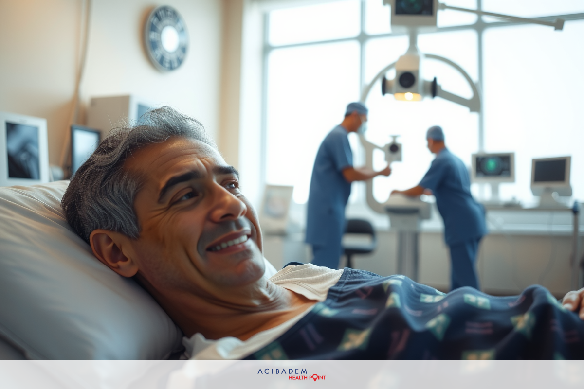 The image shows an adult male lying in a hospital bed, smiling at the camera. The setting appears to be a well-lit medical room with medical professionals attending to him.