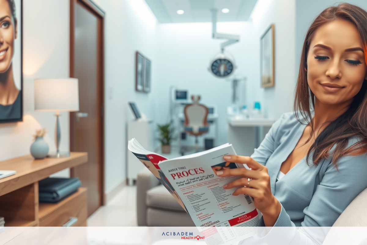 A woman in a modern, well-lit office with sleek decor is holding and reading a catalog or magazine. She's dressed professionally and appears to be focused on the content of the document.