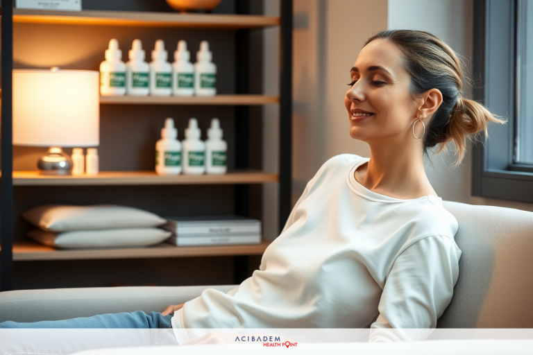 Why Preservative Free Eye Drops After LASIK The image portrays a woman relaxing in what appears to be a wellness or spa setting. She is sitting comfortably on a white couch with her legs crossed, facing towards the camera with a content smile on her face.