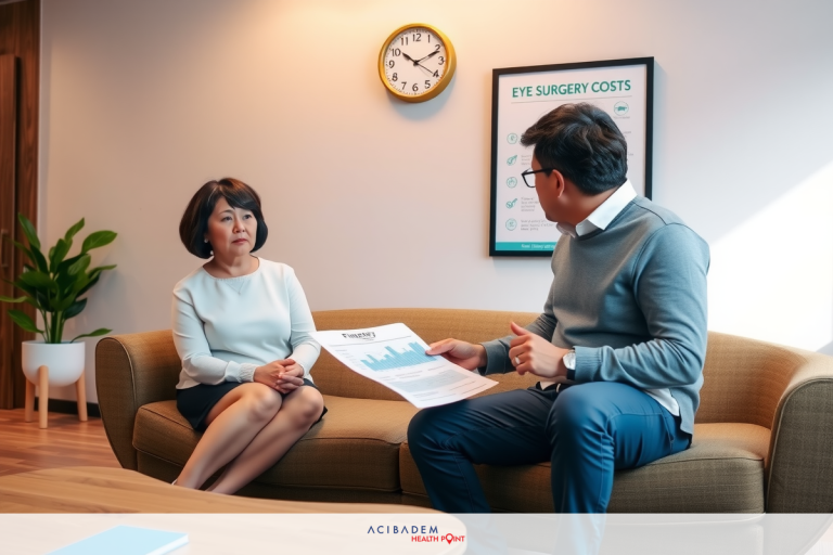 How Much is LASIK Eye Surgery in Alabama? A man and woman sitting on opposite sides of a couch, engaged in a discussion. The environment appears to be a professional setting with office furniture and decor.