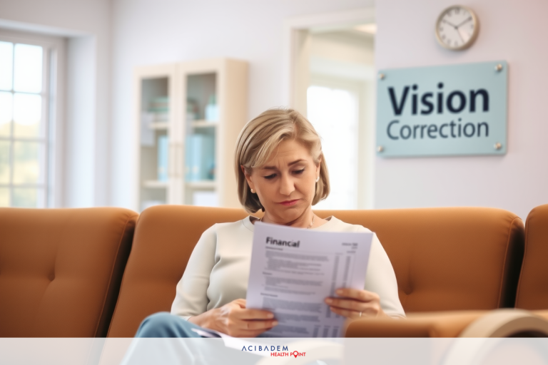 Woman seated on couch reading paper. Beige armchair with blue-gray sofa behind her. Blue sign overhead with 'VISION CORRECTION' written in white letters.