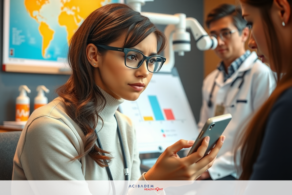 Can Laser Eye Surgery Correct Severe Astigmatism? The image shows a professional setting, likely an office or clinic. There is a woman sitting at a desk wearing glasses and focusing on her phone. Another individual is seated across the table, engaged in a discussion with her.