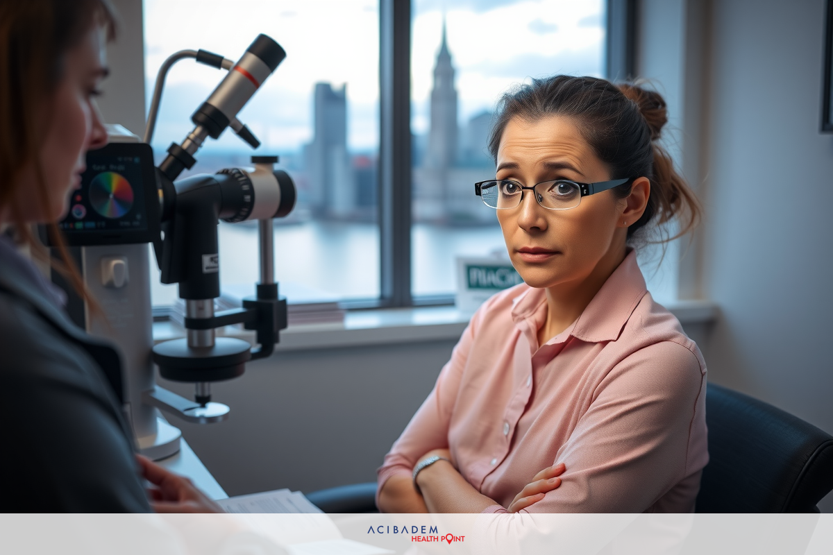 In the image, there are two individuals in an indoor setting, likely a medical office. The woman on the right is seated and appears to be receiving an eye examination. She's wearing glasses and looking slightly distressed or concerned.