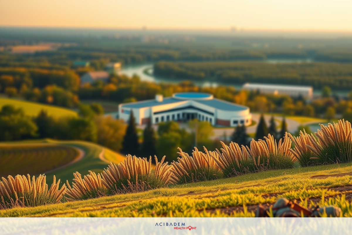 The image captures a serene landscape featuring rolling hills dotted with tall, tan-colored grasses. In the foreground, there is a cluster of green bushes that contrast with the earthy tones of the field.