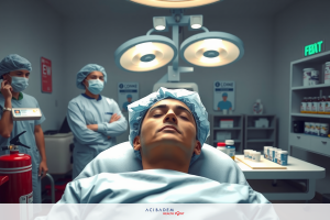 The image shows a hospital setting with medical staff preparing for a procedure. In the center of the image, there is a patient lying on a surgical bed, dressed in surgical attire.