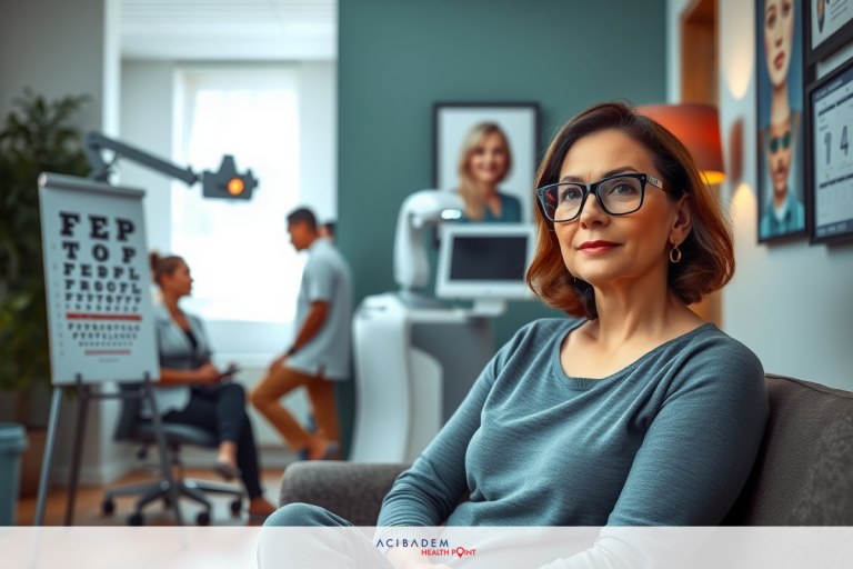 The image features a professional office setting with several individuals. A woman is seated on the right, wearing glasses. There are posters and signs in the background that suggest this could be an optometry or eye care clinic. The environment is well-lit with neutral colors dominating the scene.