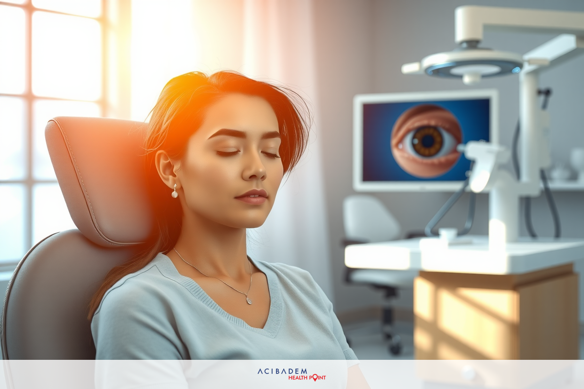 The image shows a woman seated in an eye examination chair. She is wearing a light gray top and appears to be relaxed, with her eyes closed as if in the process of having her vision tested or possibly receiving some form of medical treatment related to the eyes.