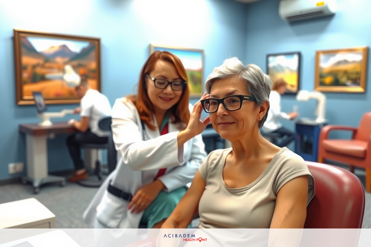 A woman sitting in a chair being attended to by another woman wearing medical attire. The setting is a clinical environment with office furniture and artwork depicting mountain landscapes on the walls.