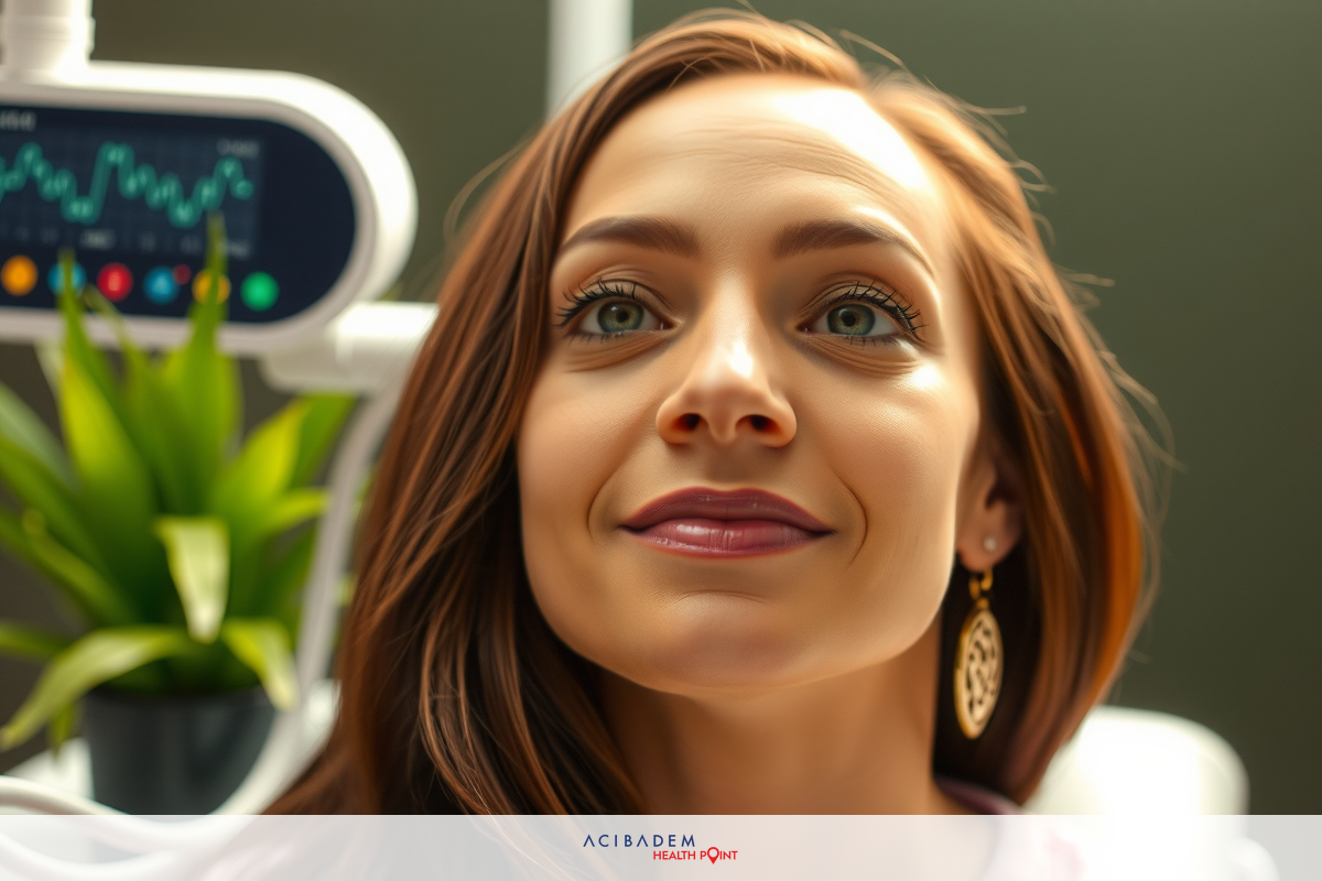 This is a photograph of a woman with dark hair and makeup, sitting inside what appears to be an examination room.