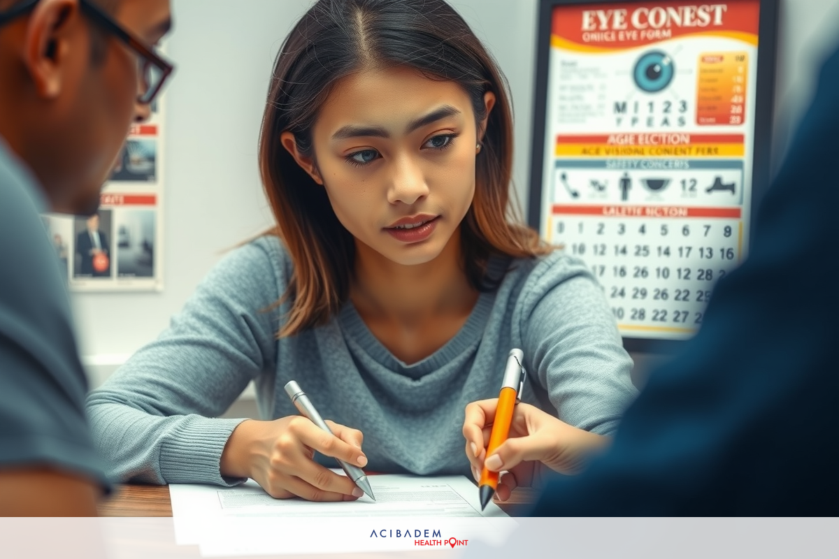 A woman in a gray top is seated at a table, filling out paperwork with a pencil. Two men are standing behind her; one of them appears to be speaking or explaining something to her.