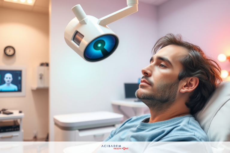 A man laying on a medical bed in what appears to be an x-ray or imaging room. He is looking up at the ceiling, possibly preparing for a scan or waiting during a diagnostic procedure.