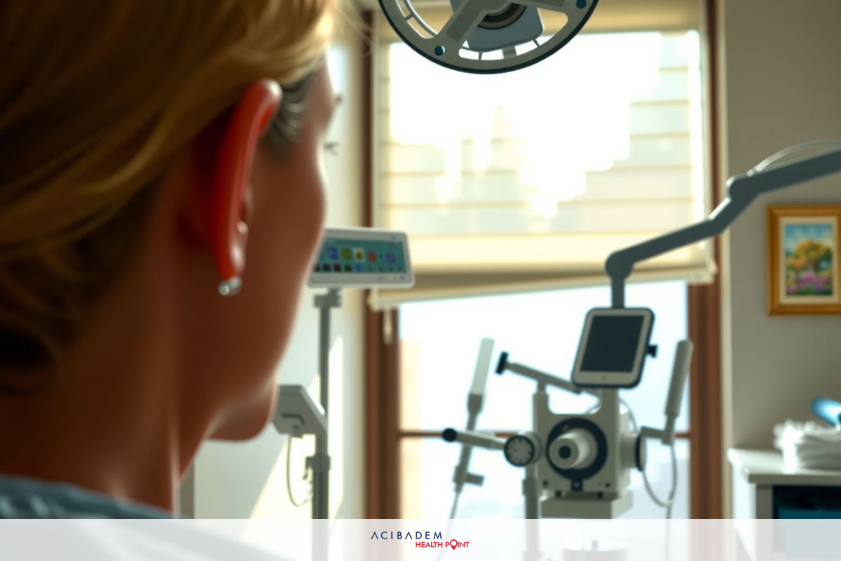 The image shows a medical professional at work. A woman is sitting on an examination table, possibly receiving treatment or instructions from another healthcare provider who is not visible in the frame.