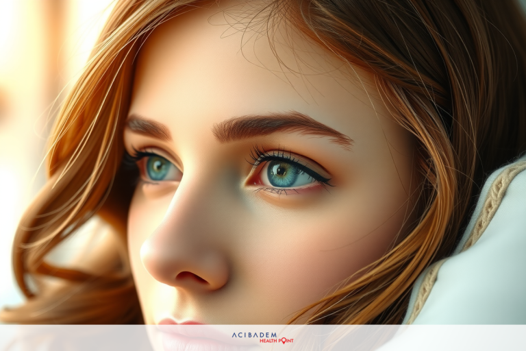 This is a portrait of a young woman with long blonde hair. Her gaze is directed off to the side and she has a neutral expression on her face. The image has a shallow depth of field, with her eyes in focus while the background appears softly blurred. The lighting seems natural and warm, creating a gentle ambiance.