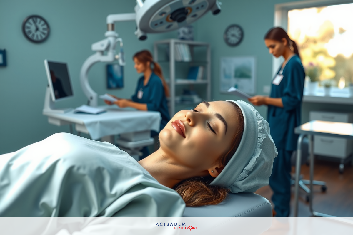 A medical scene with a woman lying down on an operating table wearing surgical gowns, possibly undergoing a procedure. Two nurses are present, one standing beside the patient and the other sitting at a desk.