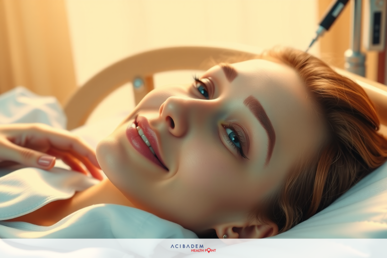 A woman is smiling and relaxing in a hospital bed, wearing makeup that includes enhanced eyebrows. The room has a white-walled medical ambiance with a glow from the window creating a warm atmosphere.