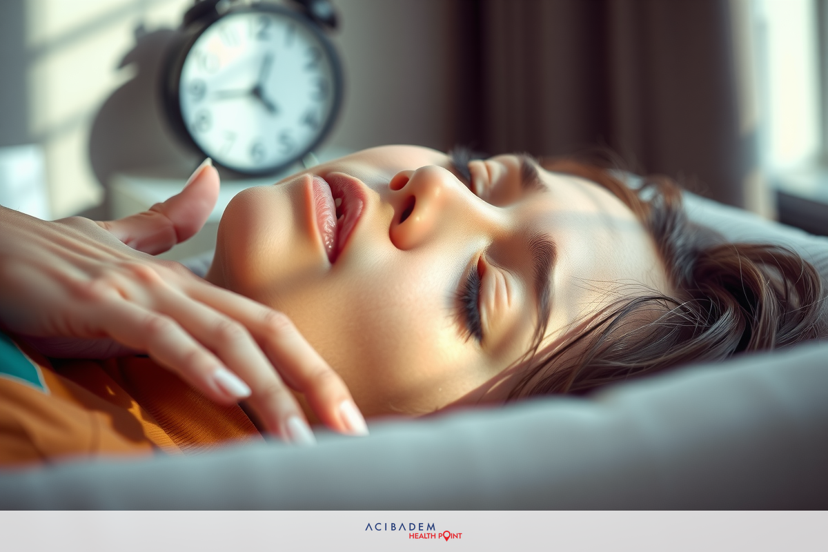 The image features a woman lying down, appearing to be sleeping or resting. She is in an indoor environment with natural light coming through the windows. The focus of the image is on her face and upper body, capturing a serene moment of relaxation.
