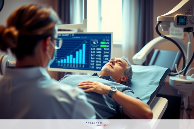 A medical professional attends to a patient in a hospital setting. Key visual elements include medical equipment such as monitors and a patient bed, suggesting a focus on healthcare services and patient care.