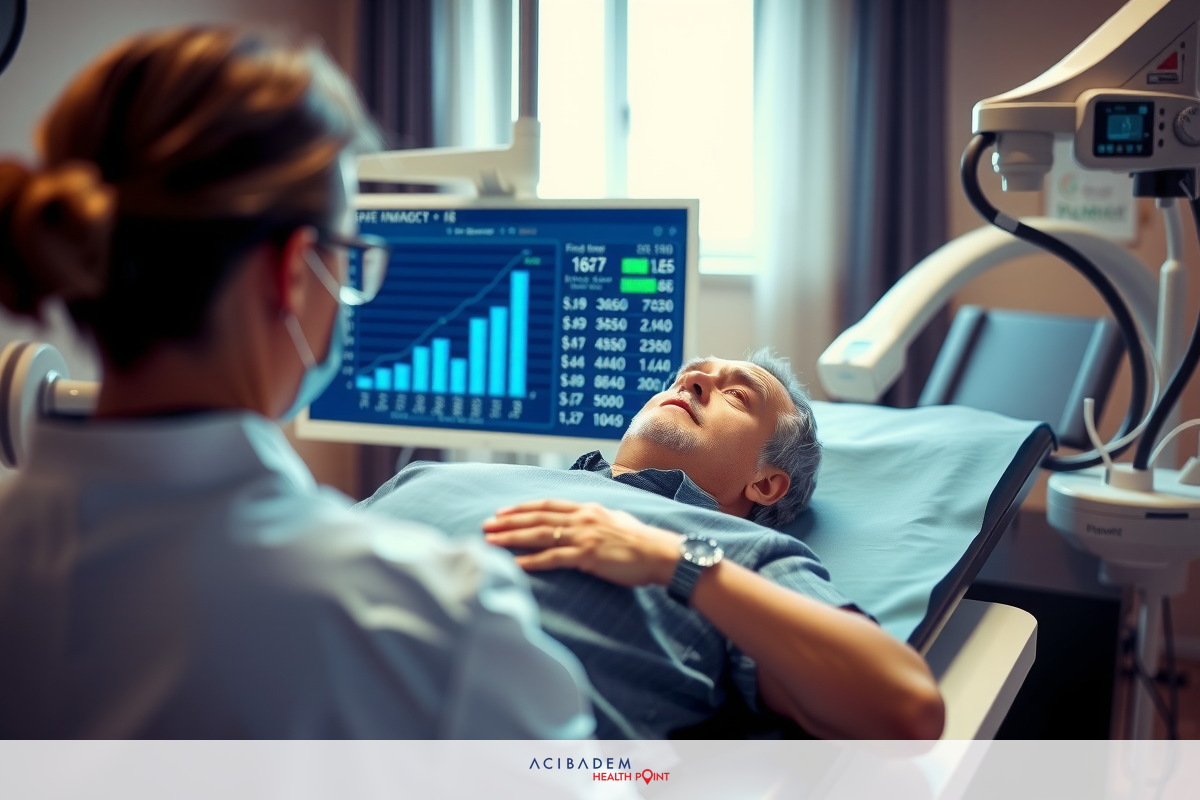 A medical professional attends to a patient in a hospital setting. Key visual elements include medical equipment such as monitors and a patient bed, suggesting a focus on healthcare services and patient care.