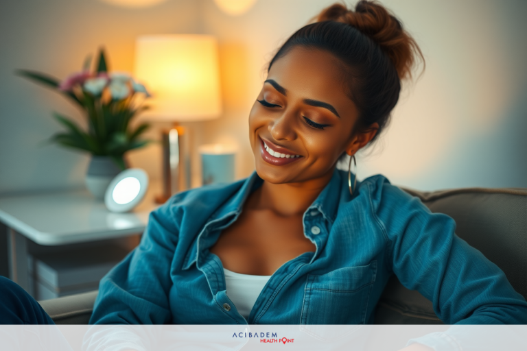 The image shows a woman sitting on a couch, smiling and engaged in a conversation with someone not visible. She has dark hair and is wearing casual blue denim clothing, suggesting a relaxed and comfortable setting.