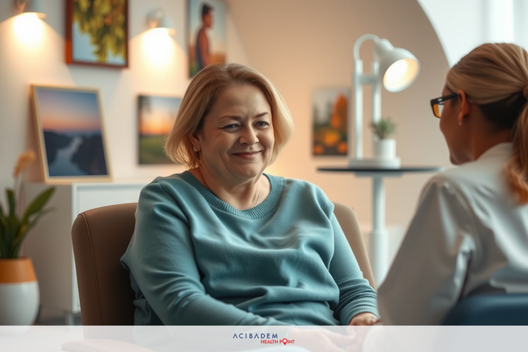 The image shows a professional setting where an older woman is seated and smiling at someone who appears to be a younger person, possibly a doctor. They are engaged in conversation while the older woman is wearing a green shirt and has her hands clasped together on her lap.