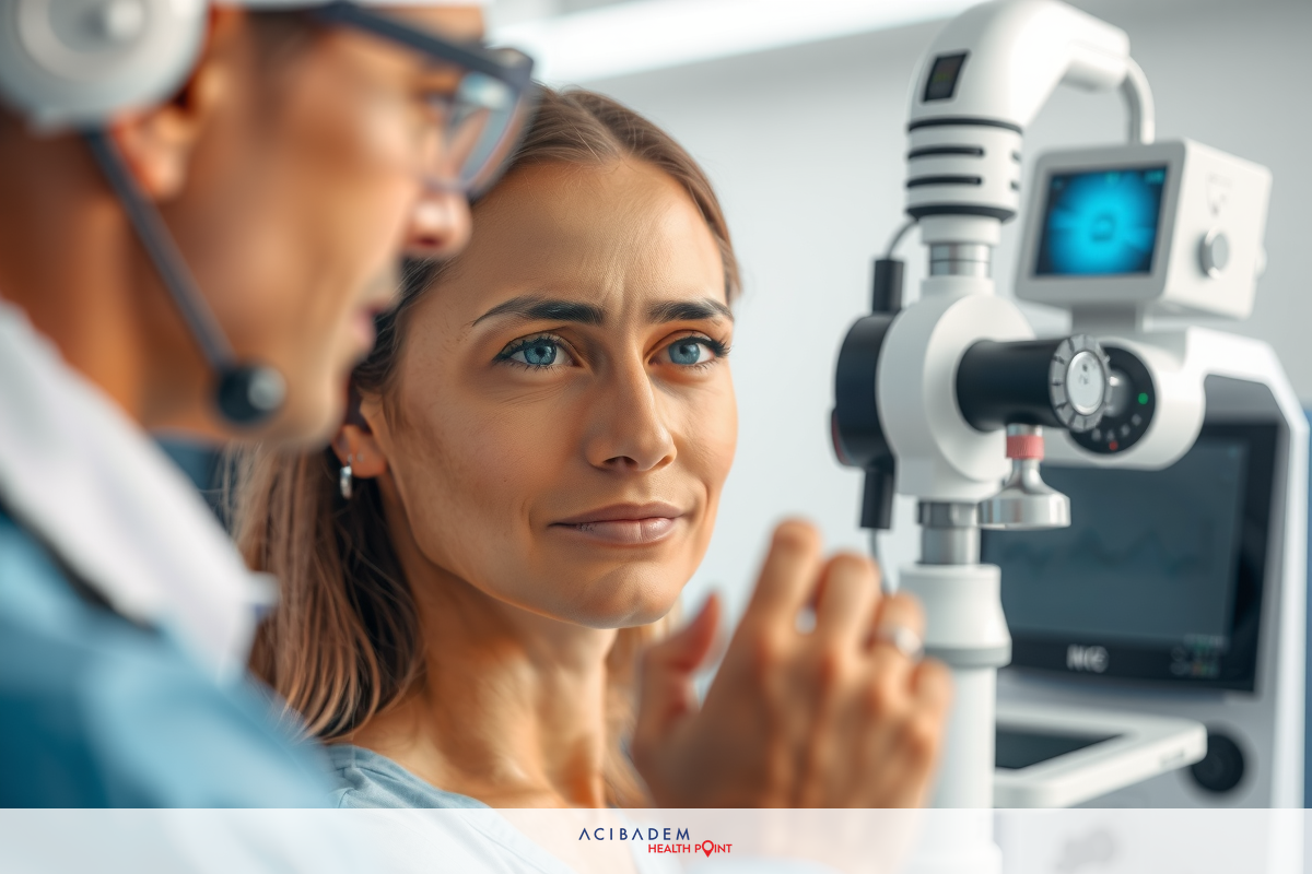 A doctor examine a female patient. She is seated while being checked with an eye examination machine.