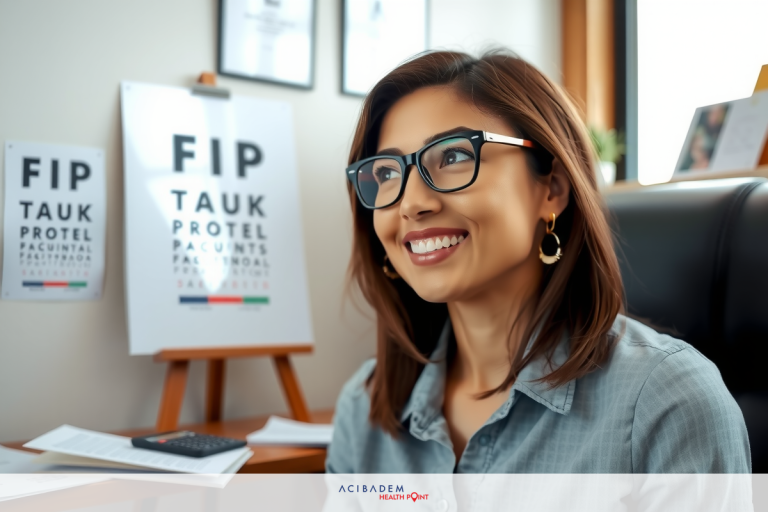 The image features a smiling woman with glasses, possibly an optometrist, in an office setting. She is wearing a blue shirt and has a welcoming expression.