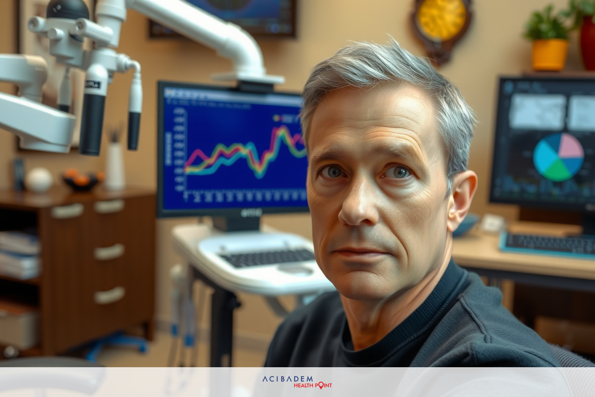 The image features a man sitting in an office environment with a desk equipped with multiple computer monitors and various electronic equipment. The man appears to be focused on the screens, possibly reviewing data or monitoring performance indicators.