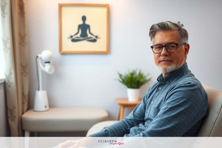 The image shows a man sitting in a modern, comfortable interior space that appears to be an office or therapy room. The man is wearing glasses and has a beard, suggesting a mature age.