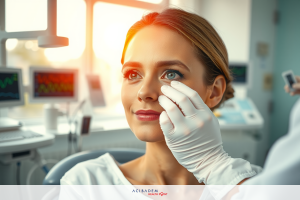Close-up of a woman in a medical setting with a healthcare professional using an eye test instrument. The image conveys a sense of modern healthcare technology and precision.
