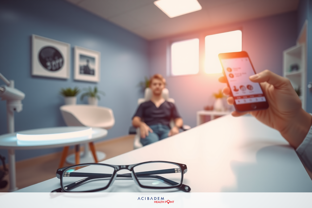 The image depicts a scene in an optician’s office. In the foreground, a seated person, holding a smartphone in one hand, interacts with another person looking towards them.