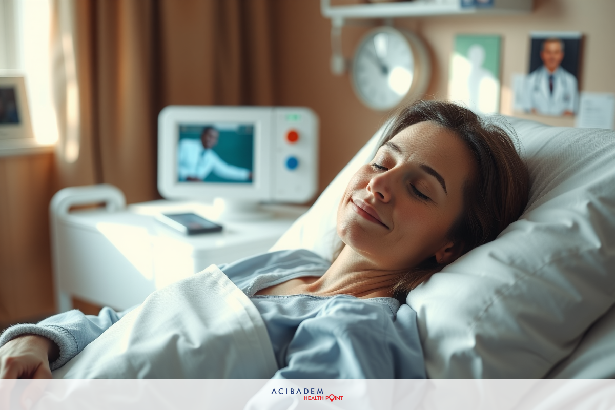 This is a photograph of a woman lying in a hospital bed. She appears relaxed with her eyes closed, and there's a slight smile on her face.