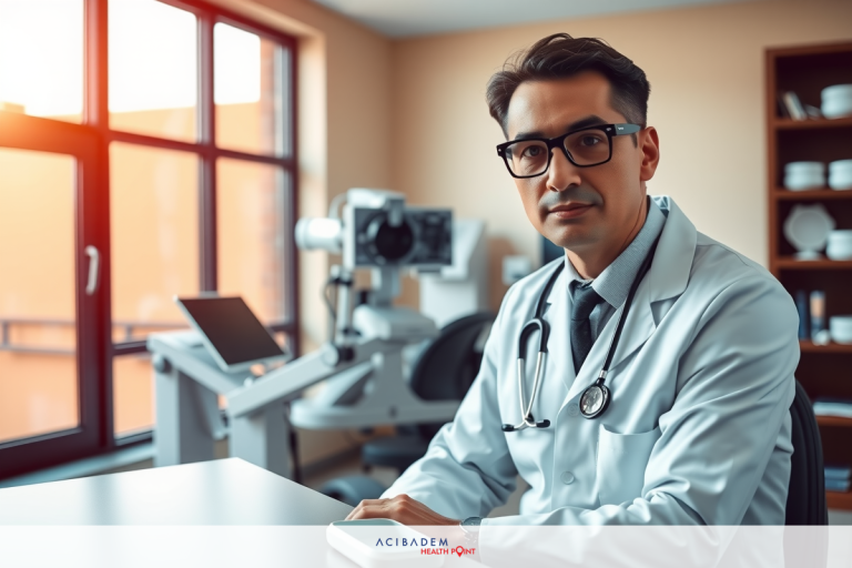 A doctor in a white coat, with glasses and a stethoscope around his neck, looking at the camera. The office has a bright window on the right side and medical equipment behind him.