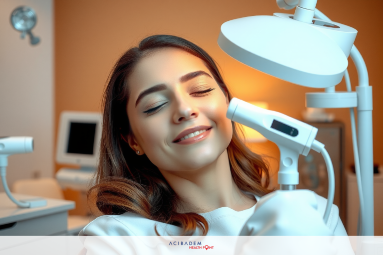 The image features a woman smiling in what appears to be a medical examination room. The environment suggests a clean, professional setting with modern equipment such as a chair and lighting.